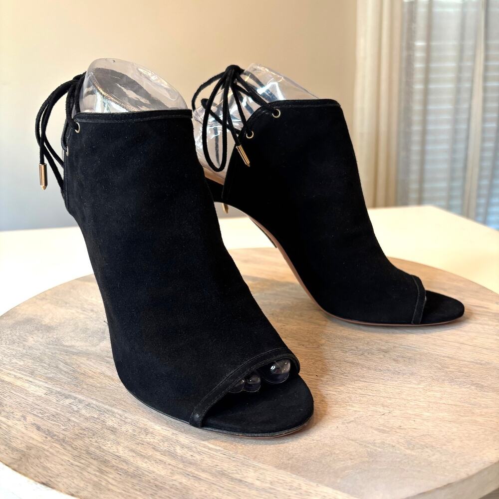 Aquazzura Black Suede Lace Up Peep Toe Booties Stiletto Heel Italy EU 38 US 8